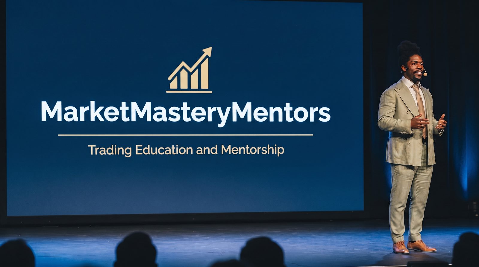 Raithel Martina speaking on stage in front of the Market Mastery Mentors screen